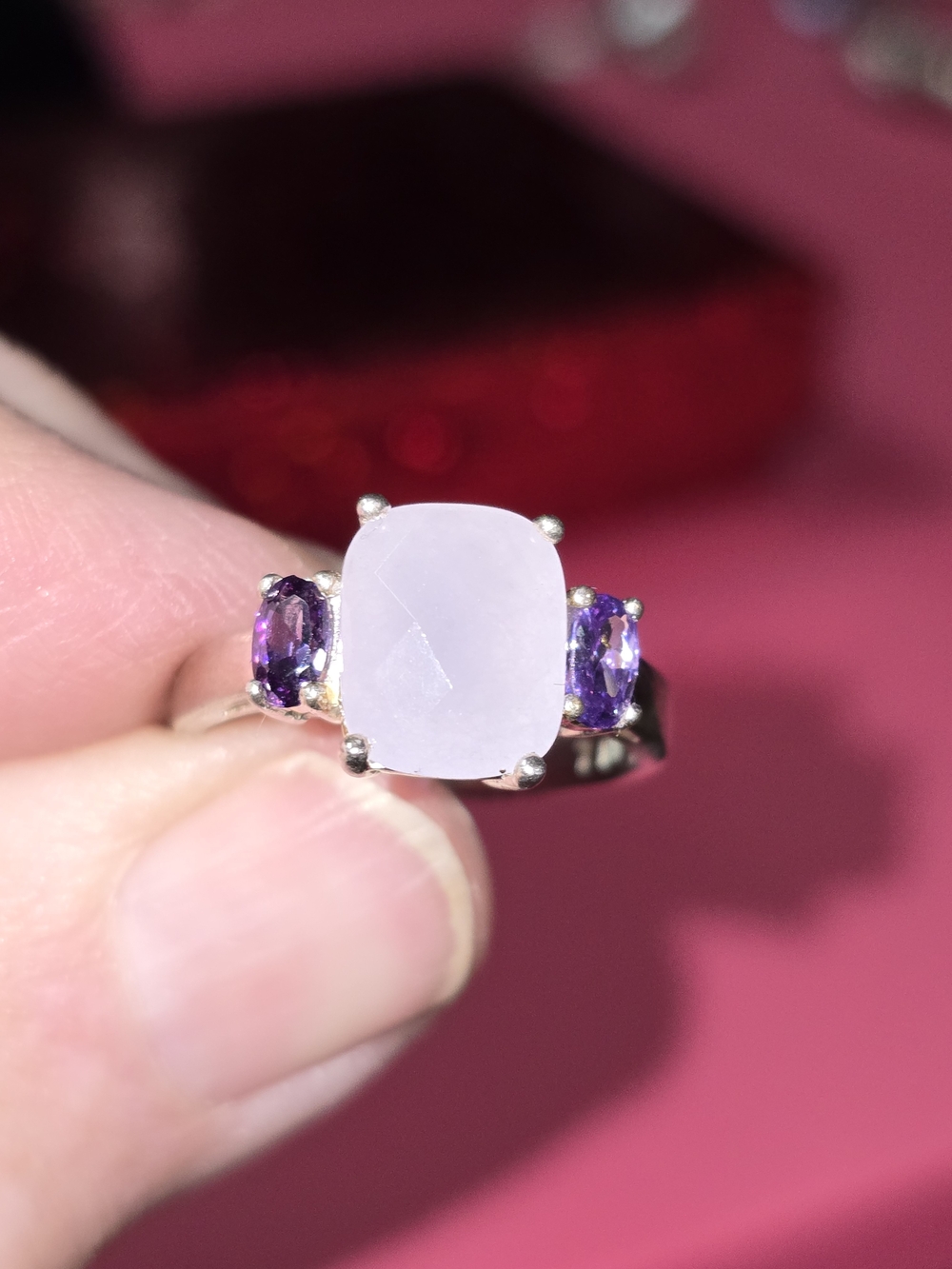 Sterling Silver Lavender Chalcedony & Amethyst Three-Stone Ring Size 7 - Picture 3 of 9